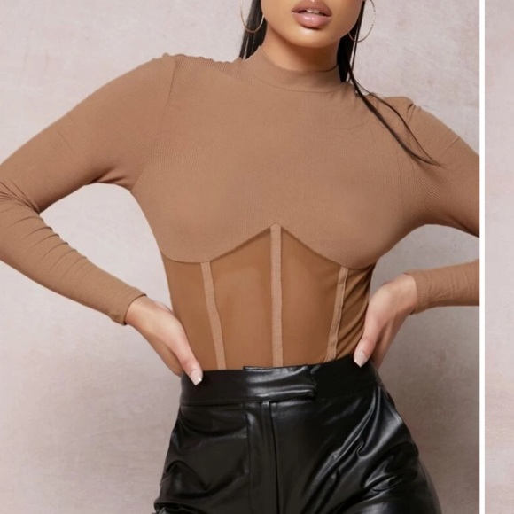 Stand Collar Mesh Insert Bodysuit - Picture 2 of 6